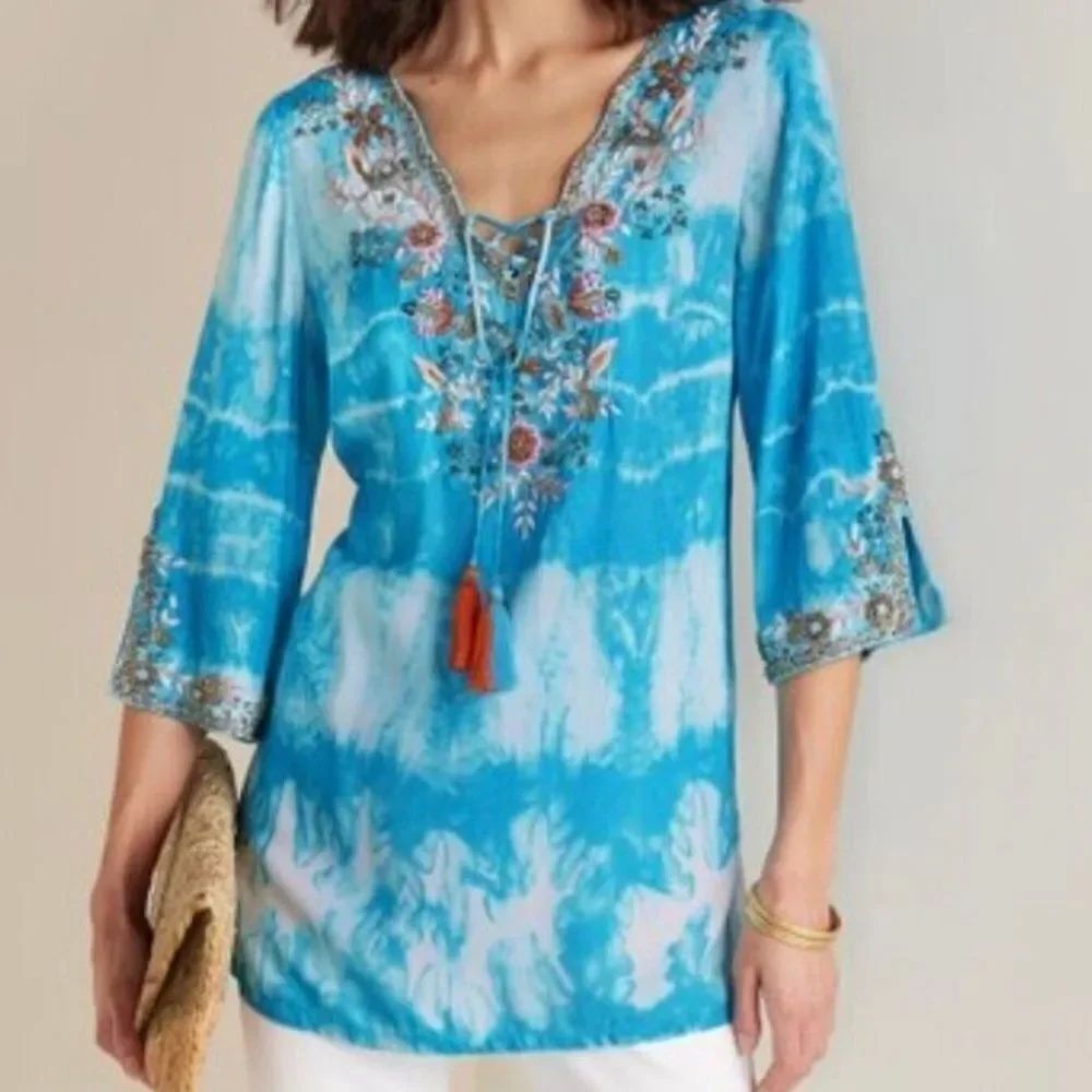 Soft Surroundings Embroidered Beaded Beverly Tunic Sky Blue Tie Dye Top NWOT